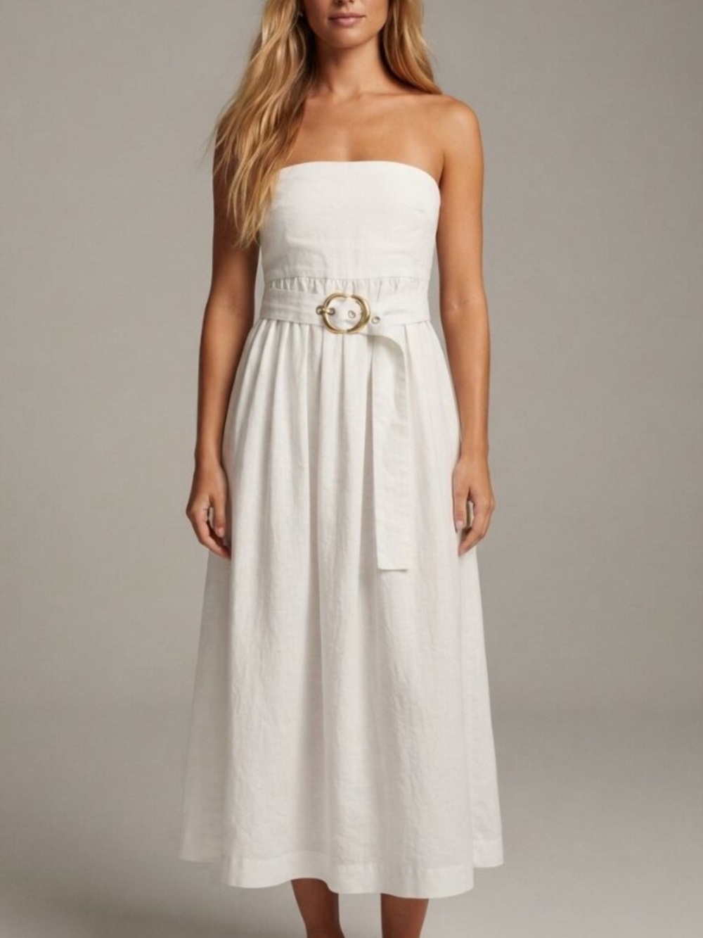 Joie Women's White Strapless Belted Smocked Midi Dress Size 14 39960